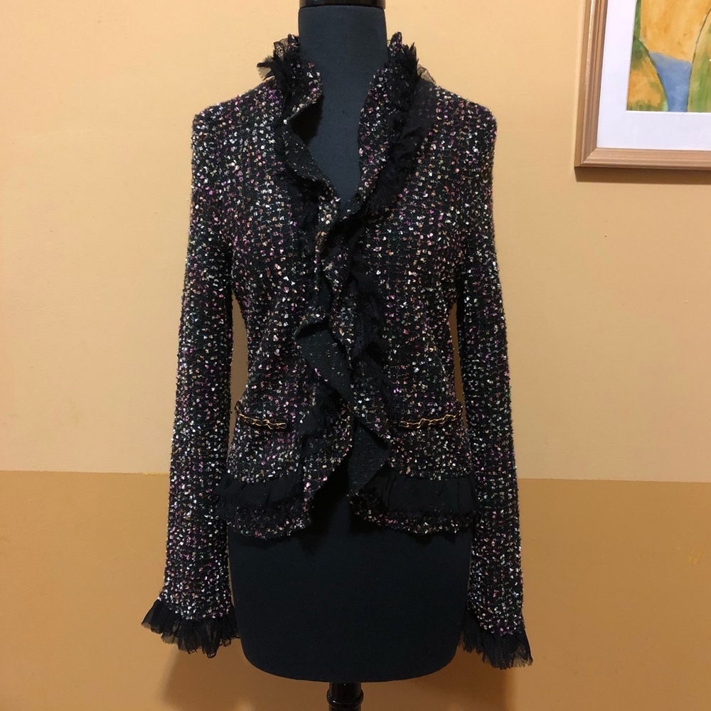 Anthropologie Black Multicolor Tweed Ruffle-Trim Jacket